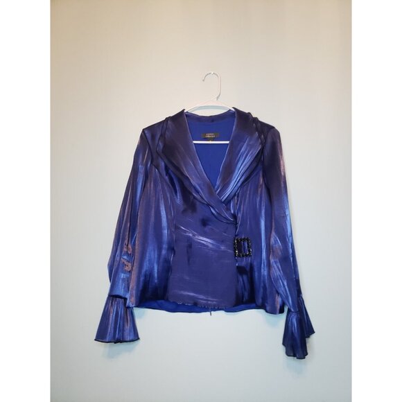 dressbarn Tops - Dressbarn Collection Womens 10 Jacket Top Blue Shiny Long Ruffled Sleeve V Neck